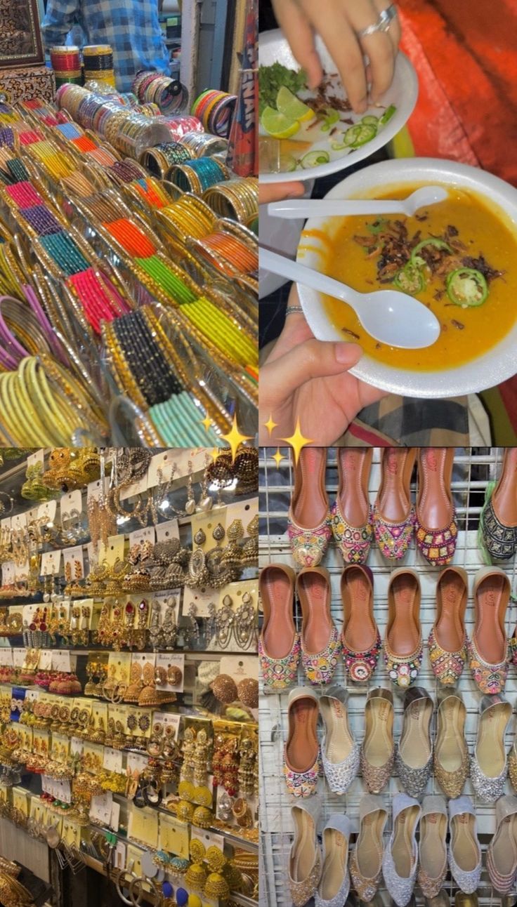 two pictures side by side, one with food and the other with shoes on display