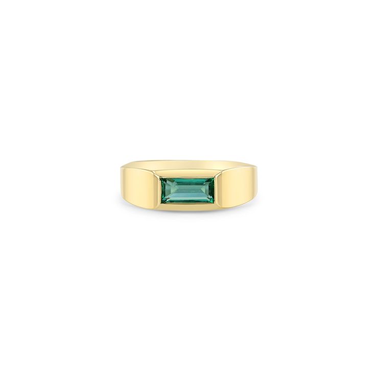 A classic 14-karat gold signet ring featuring a one-of-a-kind horizontal emerald cut emerald set flush in the ring. Emerald Signet Ring, 14k Gold Signet Ring, Emerald Set, Baguette Ring, Gold Signet Ring, Jewelry Lookbook, Green Emerald, Signet Ring, Emerald Cut