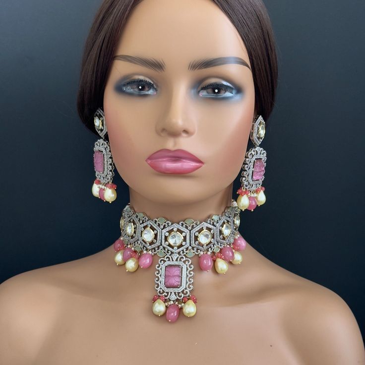 Pink Premium Dual Tone uncut Polki Kundan Necklace/Sabyasachi/Indian/Bollywood/Celebrity/Fine Kundan Necklace/Pakistani/Punjabi/Statement Bollywood Style Traditional Wear With Tilla For Party, Bollywood Kundan Necklace With Zari Work For Party, Bollywood Kundan Necklace For Navratri Party, Bollywood Bridal Necklace With Stone Work For Eid, Pink Bollywood Tikka For Party, Heavy Bollywood Kundan Necklace For Navratri, Bollywood Kundan Necklace For Parties And Festivals, Bollywood Style Bridal Necklace With Zari Work For Party, Heavy Bollywood Bridal Necklace For Navratri