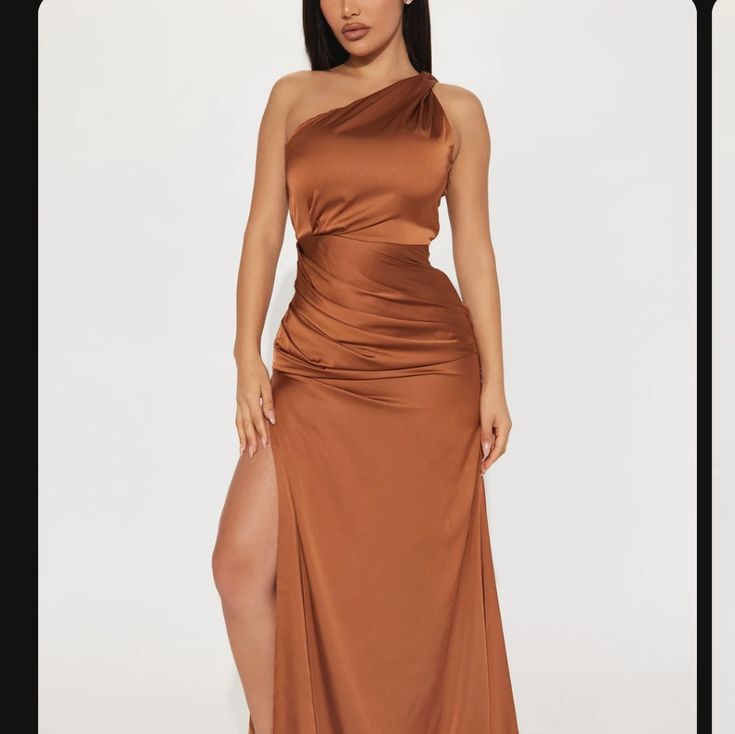 Fn Brown Long Satin Dress Size Xsmall Never Worn Tried On Too Long For Me Copper Brown Dress, Bronze Brown Bridesmaid Dresses, Brown Long Dresses, Amber Bridesmaid Dresses, Brown Wedding Guest Dress, Summer Wedding Bridesmaid Dresses, Plus Size Formal Gown, Brown Formal Dress, Brown Long Dress