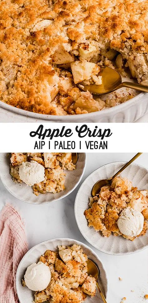 an apple crisp is served in two bowls with ice cream and spoons on the side