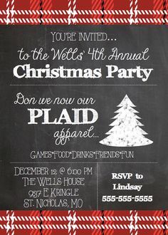 a christmas party flyer is shown on a blackboard