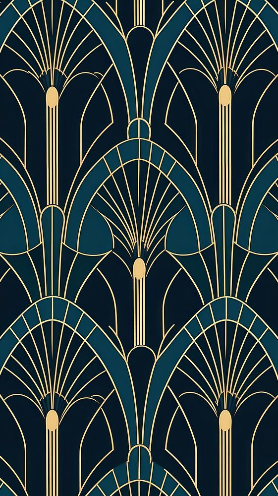 an art deco style wallpaper with gold and blue fan shaped design on the back