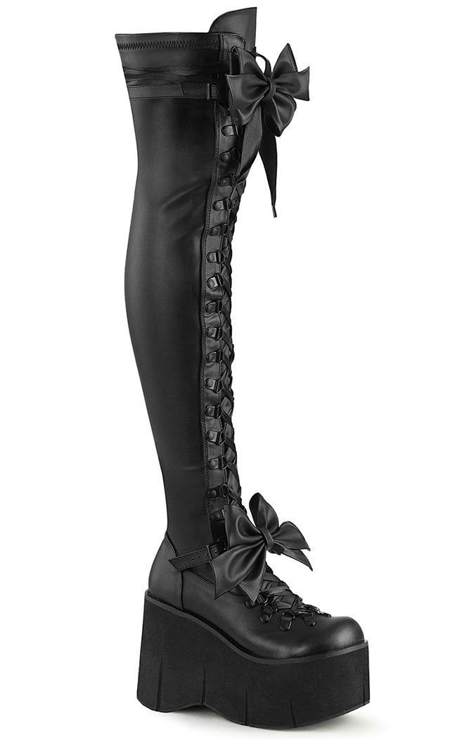 Kera-303 Black Matte Thigh High Boots-Demonia-Tragic Beautiful Thigh High Platform Boots, Odd Fashion, Demonia Boots, Black Platform Wedges, Random Outfits, Demonia Shoes, Vegan Leather Boots, Dr Shoes, Wink Wink