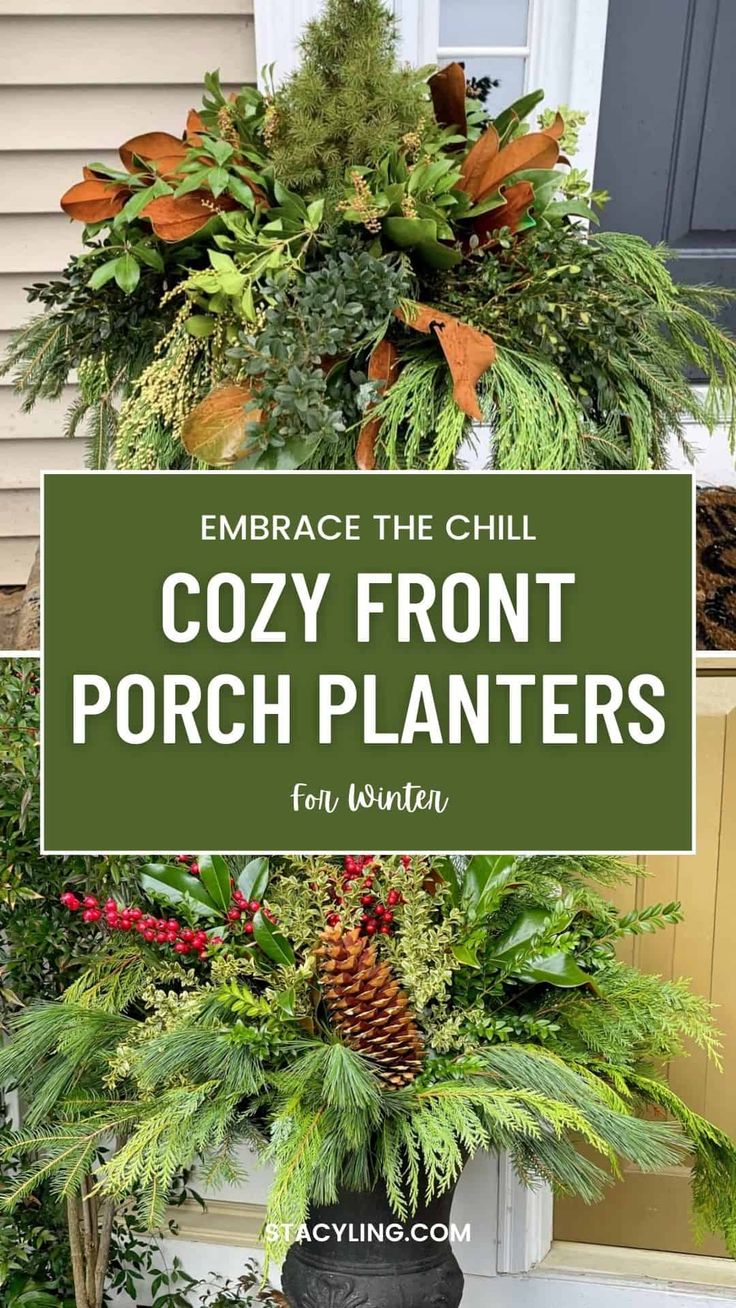 the front porch planter is decorated with evergreen and pine cones