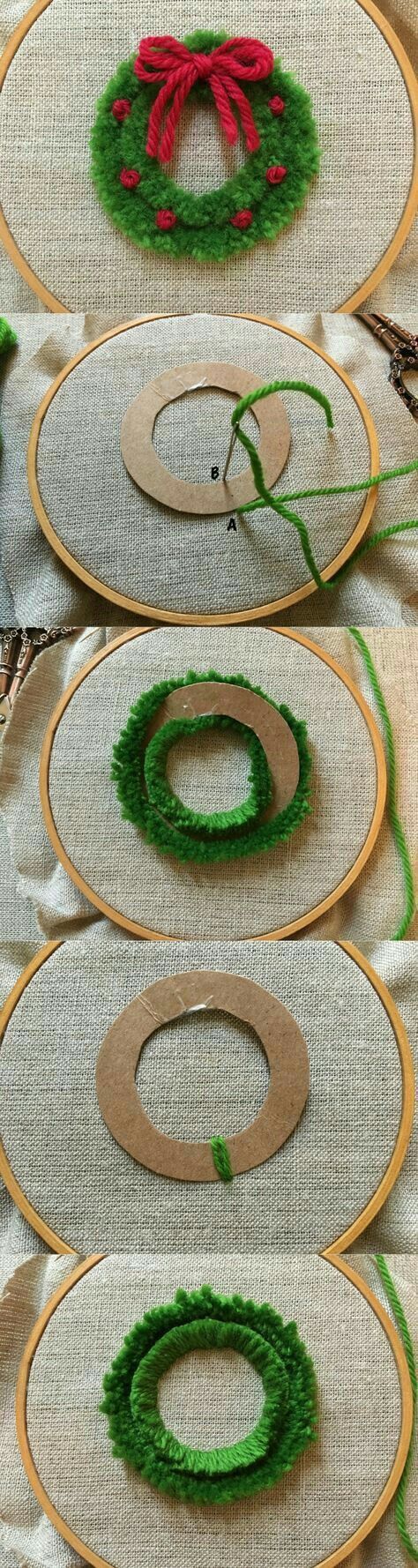 three pictures show how to make christmas wreaths with yarn and wood strips on the table