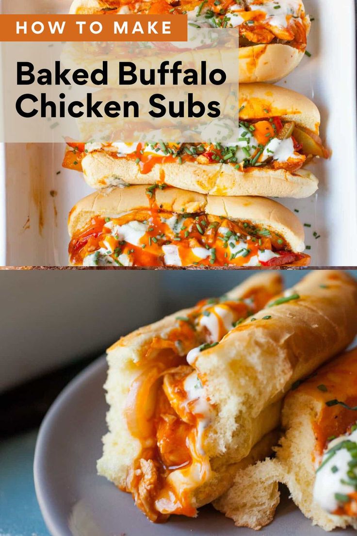 baked buffalo chicken subs with text overlay