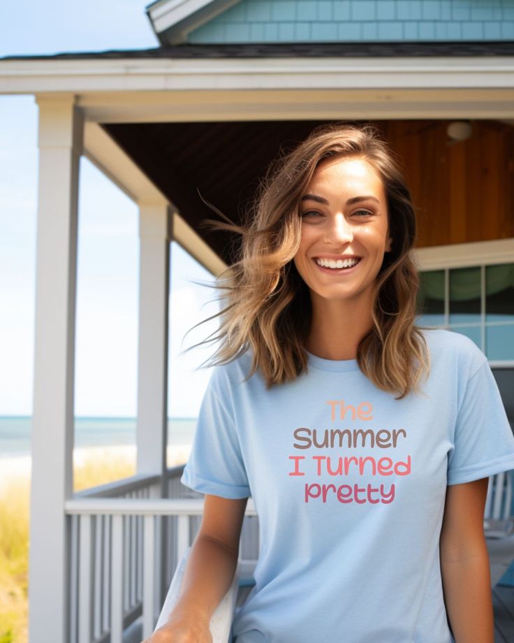 My wardrobe isn't complete without this summer-friendly #comfytee from @liamandlore! This faded blue #ComfortColors t-shirt with the classic stamped graphic will have you feelin' that warm, summery feeling all year long 🌞 Get yours at liamandlore.com - it'd be the perfect addition to your closet (and literary library) #TheSummerITurnedPretty #bookstagram #bookish #tshirtstyle #teeshirtstyle #summerloving #summerstyle #summervibes #summermerch #merchszn Blue Slogan T-shirt For Summer, Spring Crew Neck Tops With Upf 50+, Short Sleeve T-shirt For Summer Activities, Fun Short Sleeve T-shirt For Summer Activities, Graphic Tee For Summer Activities, Graphic Tee With Letter Print For Summer, Crew Neck Tops For Summer Adventures, Cotton Tops With Upf 50+ For Summer, Summer Graphic Tee For Summer Activities