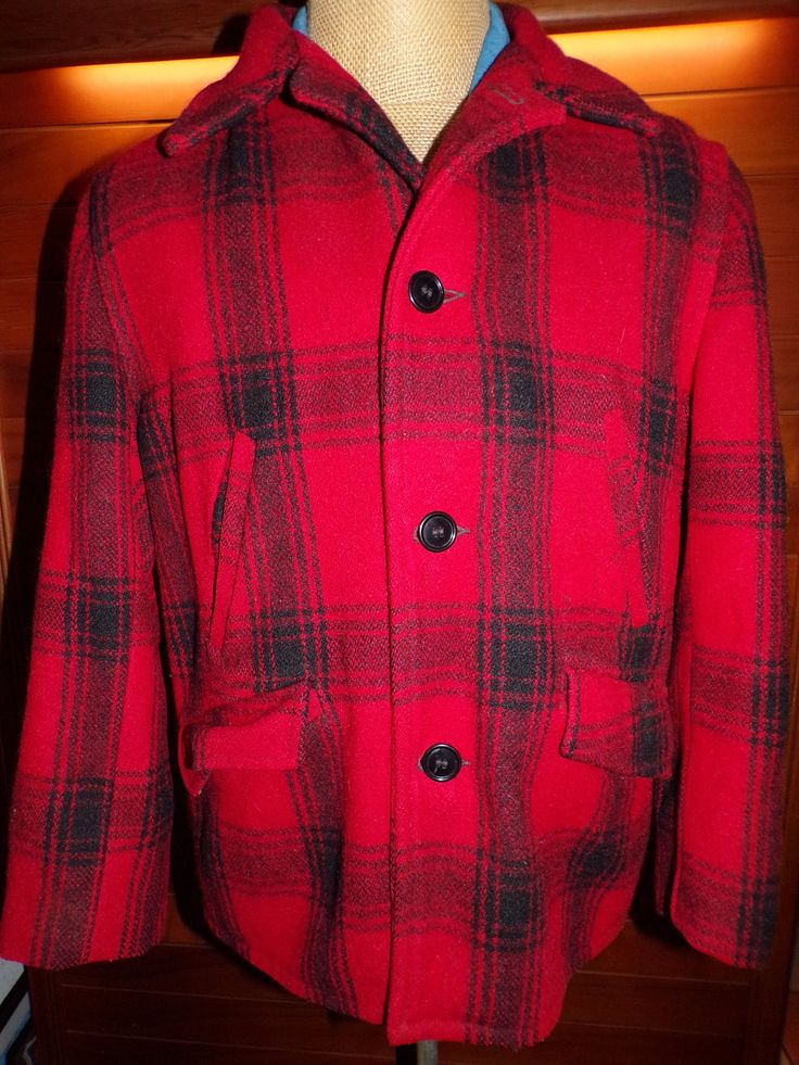 Vintage Sears Roebuck Active Sportswear Hunting Jacket, Coat. Buffalo Plaid. Size Large. Length From The Collar In Back To The Hem Is 32". 24"  Straight Across The Front, Flat, Arm Pit To Arm Pit. 4 Button Front. 4 Pockets In Front. 1 Large Waterproof Pocket In Back With 2 Openings. Both With Buttons. Knit Lining Inside Cuffs. 100% Wool. You Will Not Find A Jacket Like This In Better Condition. No Stains, Holes Or Tears. No Piling. Plaid Long Sleeve Outerwear With Welt Pockets, Winter Plaid Sport Coat With Welt Pockets, Cold Weather Long-sleeve Single-breasted Sport Coat, Single Breasted Sport Coat For Cold Weather, Cold Weather Long Sleeve Single Breasted Sport Coat, Single Breasted Long Sleeve Sport Coat For Cold Weather, Vintage Red Outerwear With Stand Collar, Winter Outdoor Sport Coat With Lapel Collar, Fitted Long Sleeve Sport Coat For Cold Weather