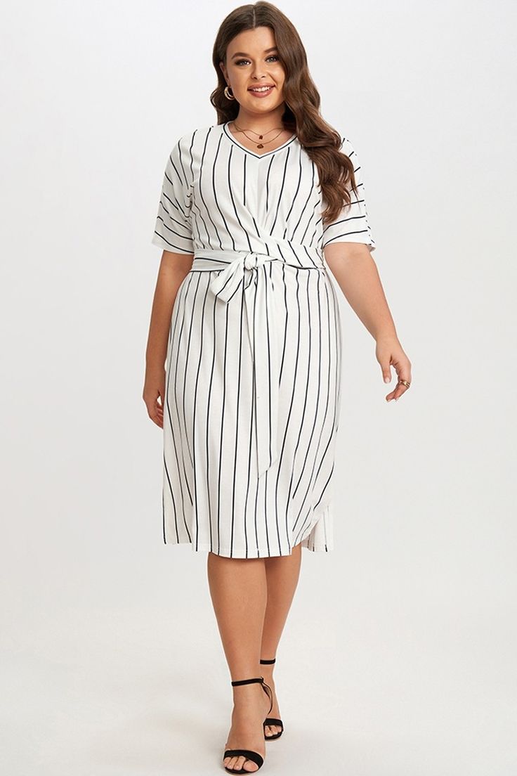 Black & White Stripe V neck Wrap Around Dress Spring Split Neck Dress For Work, Summer Split Neck Dresses For Workwear, White Casual Midi Dress With Surplice Neckline, Casual White Midi Dress With Surplice Neckline, Elegant Split Neck Dresses For Day Out, Wrap Around Dress, Black White Pattern, Wrap Midi Dress, Super Cute Dresses