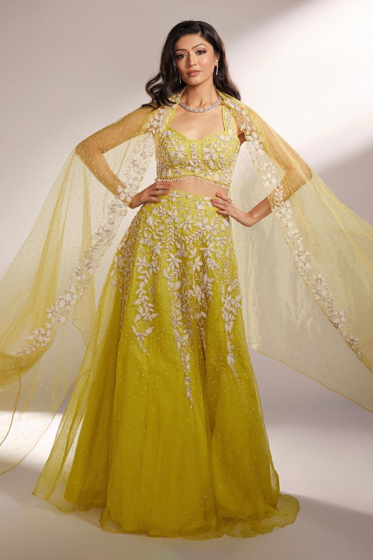 Buy Kiyohra Yellow Net Iris Floral Applique Embroidered Lehenga Set Online | Aza Fashions Tassel Blouse, Latest Bridal Lehenga, Yellow Lehenga, Pearl Embroidery, Lime Yellow, Net Lehenga, Embroidered Lehenga, Embroidered Dupatta, Hem Blouse