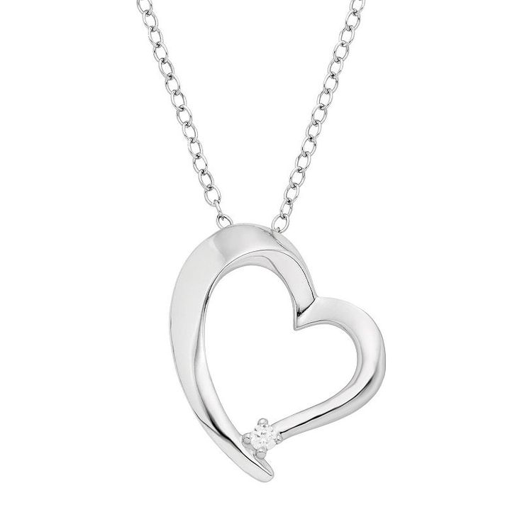 "Grace yourself with the captivating beauty of this diamond accent heart necklace. Comes in a gift box.PENDANT DETAILSPendant length: .75 in.Chain length: 18 in.Clasp: spring-ringMetal: rhodium-plated sterling silverDIAMOND DETAILSTotal weight: less than 1/10 ct.Shape: roundColor grade: I-JClarity: I2Setting: prongImage(s) may be enlarged to show detail.Diamond weights are approximate. Diamond total weights may vary between .01 and .08 ct. Some diamonds have fewer than 17 facets.Gemstones may ha Heart Pendant Necklace, Silver Diamonds, Bling Bling, Metal Rings, Spring Rings, Heart Necklace, Heart Pendant, Pendant Jewelry, Jewelry Necklace Pendant