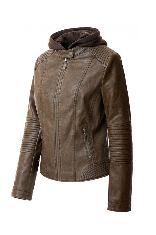 Women's PU Jacket Style: Faux Leather Jacket Print / Pattern: Solid Silhouette: Hoodie Fit: Reg Embellishment: Pocket Neck Line: Removable Hood Sleeve: Long Sleeve Length: Reg Closure: Zipper Lining: Yes Made In: ChinaFabric Contents: 100% POLYURETHANE(shell) 100% POLYESTER(lining) Non-stretch fabric Non-sheer fabric Care Instructions: HAND WASH COLD / HANG TO DRY / DO NOT IRON / DO NOT DRY CLEANSize Measurement (inch): S: 39.0 (Bust), null (Waist), null (Hips), 225.0 (Length) M: 41.0 (Bust), nu Pu Jacket, Leather Jacket With Hood, Denim Short Dresses, Vegan Leather Jacket, Hoodie Fits, Online Clothing Boutiques, Winter Tops, Faux Leather Jacket, Denim Leggings