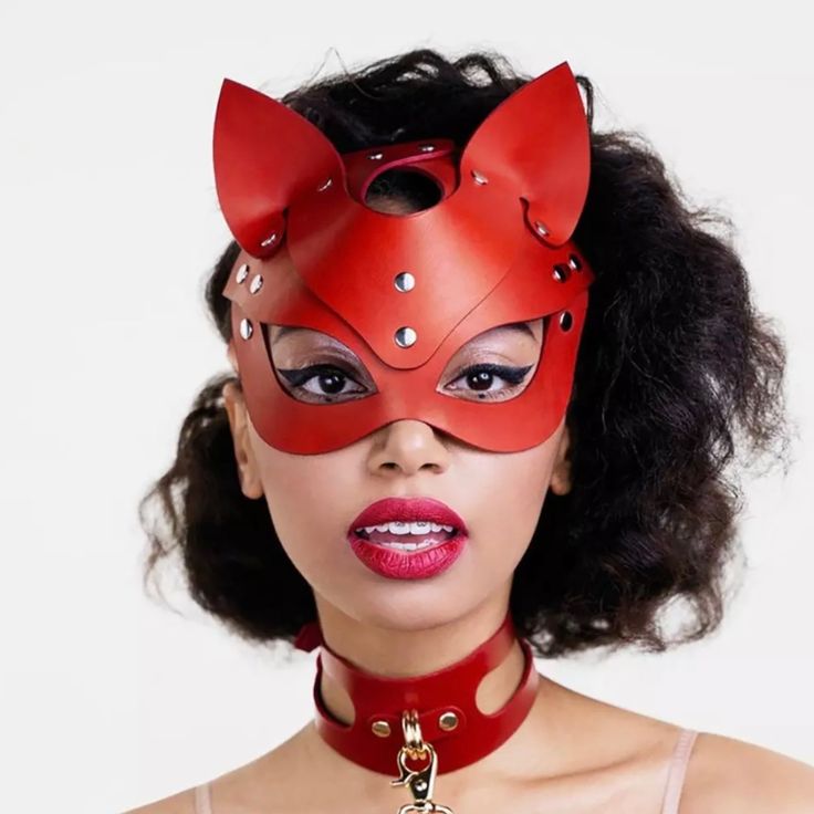 Red Leather Cat Ear Masquerade Face Mask One Size Fit Most -Cat Ear -Half Face -Synthetic Leather -Solid Red -Silver Studded -Adjustable Straps -Soft And Comfortable -Lightweight Brand New Wide Range Of Usage For Various Occasions Like Halloween Parties, Cosplay Party, Performances, Festival And Much More Fox Masks, Cat Masquerade Mask, Catwoman Mask, Pet Party, Masque Halloween, Catwoman Cosplay, Female Mask, Half Face Mask, Leather Mask