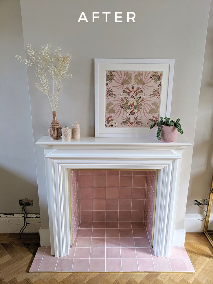 a white fireplace with pink tile on top and the words before and after above it