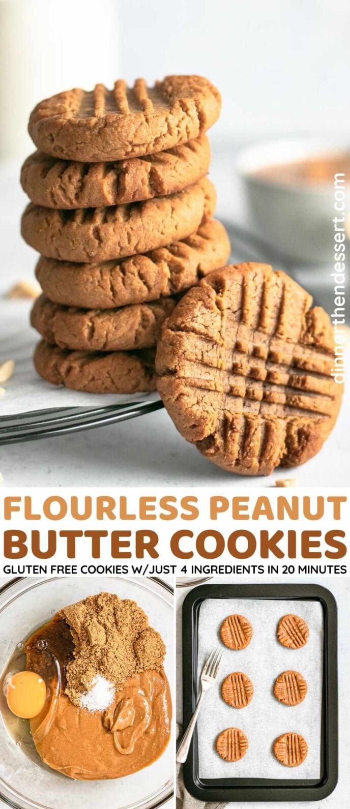 peanut butter cookies are stacked on top of each other with the words flourless peanut butter cookies