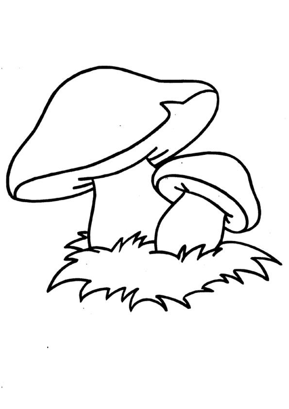 a black and white drawing of a mushroom on the ground with grass in front of it