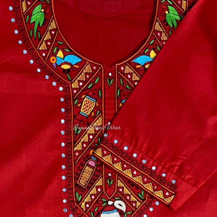 Introducing a game-changing masterpiece! Reinvent your traditional forte with this enchanting Maroon Red cotton Birds hand Embroidered Kurti. The intricate embroidery on the sleeves and yoke adds an exquisite touch, making this Kurti an absolute must-have. Elevate your style and embrace the beauty of craftsmanship. Size fits 38/44 ( Margins Included) Colour : Maroon Red Print or Pattern Type : Hand Embroidery Length Of Kurti : 40 inches Sleeve length : 3/4 Sleeves Back Neck : 'U' Neck Front Neck Red Bohemian Traditional Wear For Ceremonies, Traditional Long Sleeve Embroidered Top For Navratri, Festive Embroidered Kurta, Festive Embroidered Kurta For Rituals, Red Floral Embroidered Sets For Festivals, Red Sets With Floral Embroidery For Festivals, Unstitched Red Handwork Kurta, Unstitched Red Set With Embroidered Border, Red Straight Kurta With Floral Embroidery