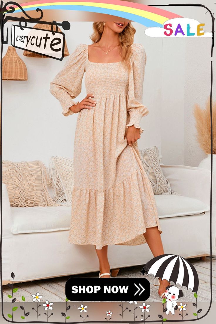 Apricot Square Neck Chiffon Long Sleeve Floral Dress Beige Floral Print Chiffon Dress, Beige Chiffon Brunch Dress, Beige Chiffon Dress For Brunch, Casual Cream Chiffon Dress, Spring Beige Chiffon Maxi Dress, Flowy Feminine Beige Chiffon Dress, Feminine Flowy Beige Chiffon Dress, Spring Long Sleeve Chiffon Dress For Daywear, Flowy Long Sleeve Chiffon Dress For Daywear