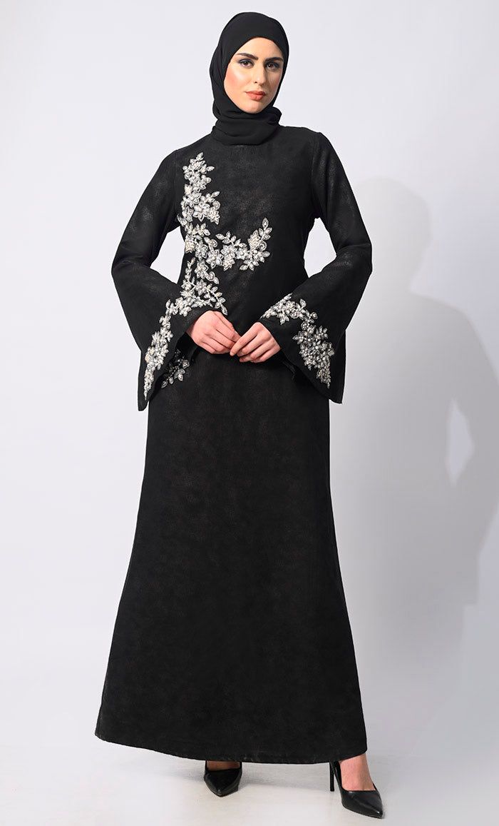 women wearing Pearls of Elegance: Stone Handwork Black Abaya with Belt and Hijab Embroidery With Stones, Abaya With Belt, Embroidered Abaya, Eid Celebrations, Blue Abaya, Abaya Collection, Black Abaya, The Grace, Intricate Patterns