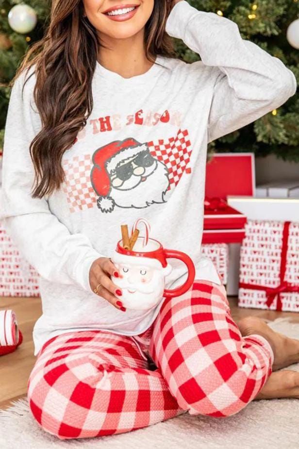 Christmas Claus Graphic Top Plaid Pants Lounge Set Multicolor Christmas, Santa Pajamas, Christmas Tops, Soft Pants, Holiday Sweatshirt, Graphic Top, Themed Outfits, Sleepwear & Loungewear, Red Pattern