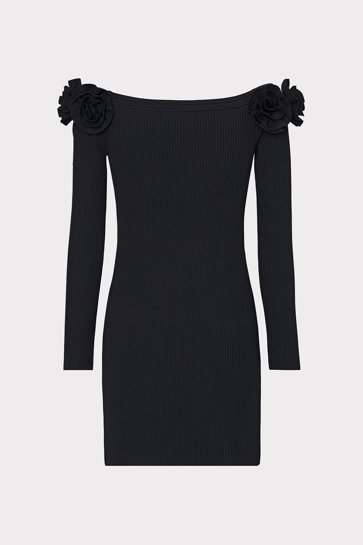 The coziest cocktail dress ever—this stunning, yet comfy, number is cut from a ribbed knit fabrication. Its off-the-shoulder silhouette fits close to the body and has rosette details at each shoulder. Style it with heels and silver jewelry for a night out. Off-shoulder Ribbed Dress For Night Out, Chic Evening Ribbed Bodycon Dress, Chic Ribbed Bodycon Evening Dress, Chic Ribbed Bodycon Dress For Evening, Off-shoulder Ribbed Party Dress, Elegant Off-shoulder Sweater Dress For Party, Evening Ribbed Bodycon Dress, Elegant Off-shoulder Sweater Dress For Spring, Off The Shoulder Knit