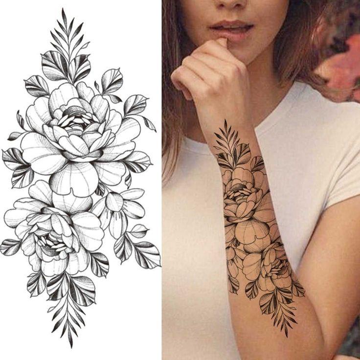 a woman with flowers on her arm next to an image of a flower tattoo design