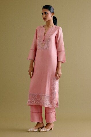 Pink silk chanderi straight kurta with intricate floral thread and sequin embroidery. Paired with a palazzo and silk organza dupatta. - Aza Fashions Kurta And Palazzo, Women Kurta, Palazzo Set, Sequin Embroidery, Straight Kurta, Organza Dupatta, Sequins Embroidery, Silk Organza, Pink Silk