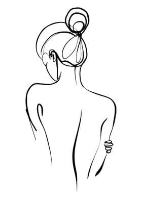 a black and white drawing of a woman's back with her hair in a bun