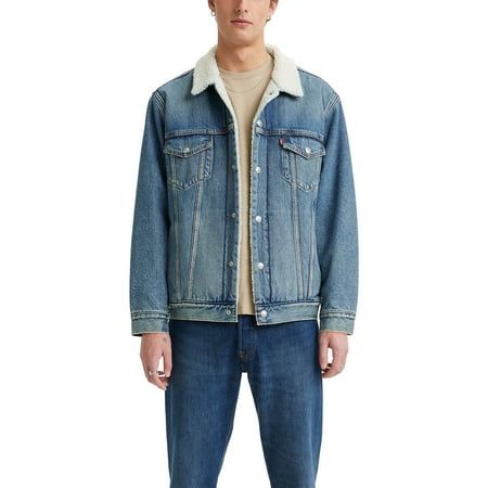 Levi's Men's Relaxed Fit Sherpa Trucker Size: XXL.  Color: Blue.  Gender: male.  Age Group: adult. Mens Long Jacket, Levis Outfit, Sherpa Lined Denim Jacket, Mens Lightweight Jacket, Mens Sherpa, Denim Trucker Jacket, Men's Coats And Jackets, Mens Hooded, Trucker Jacket