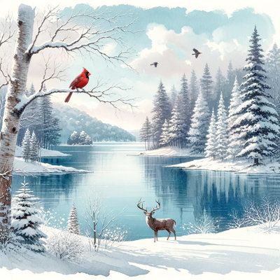 a red bird sitting on top of a tree next to a lake with snow covered trees