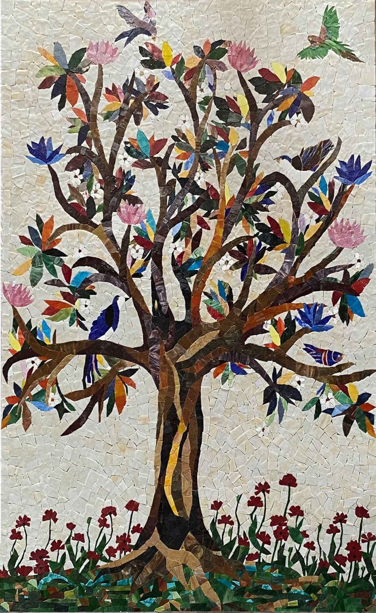 Glass Mosaic - Colorful Tree & Birds Goddess Temple, Mosaic Windows, Mosaic Birds, Handmade Mosaic, Colorful Trees, Bird Tree, Mosaic Designs, Colorful Birds, Glass Mosaic