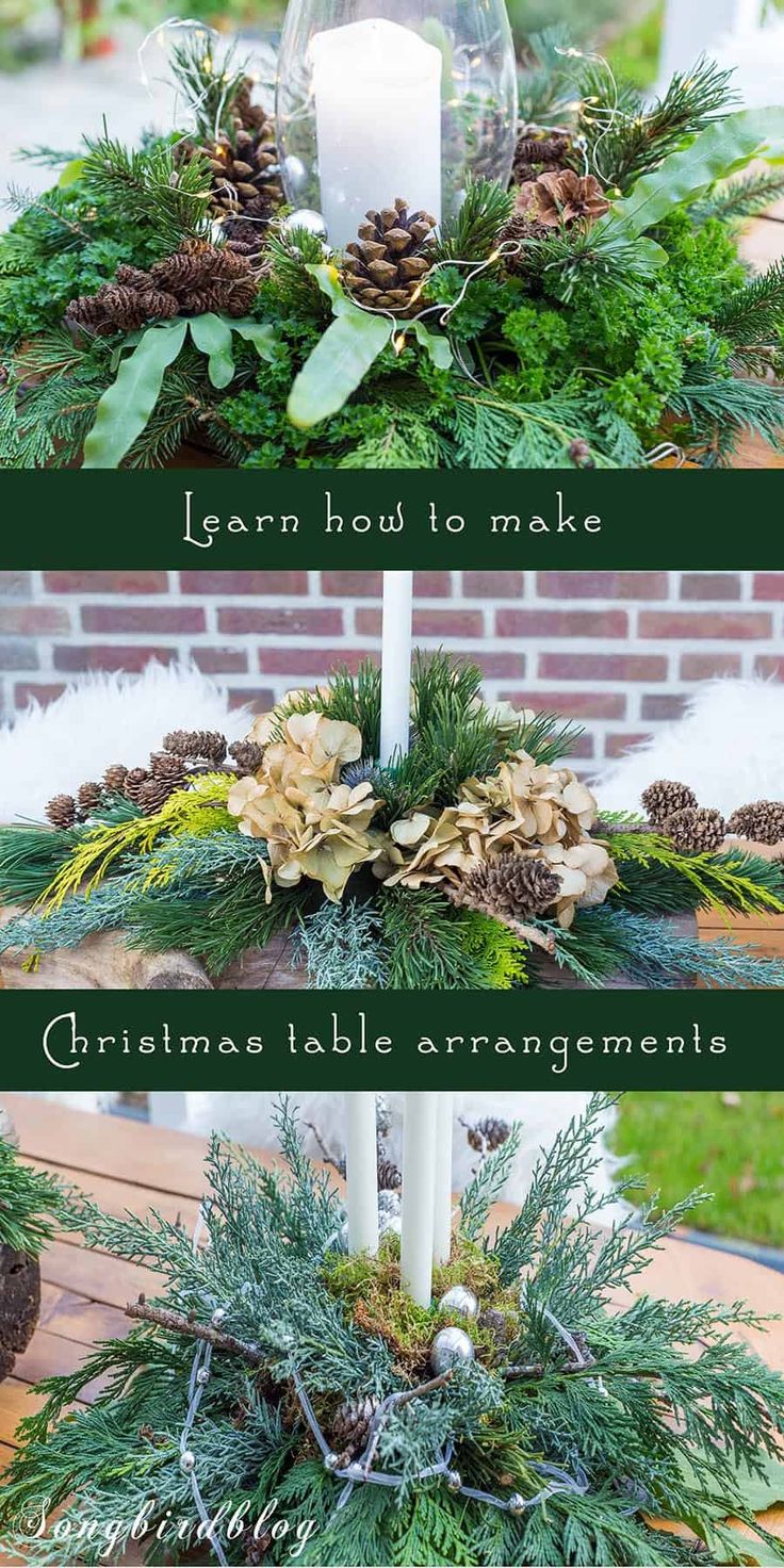 christmas centerpiece with pine cones and greenery, candlesticks and evergreen leaves