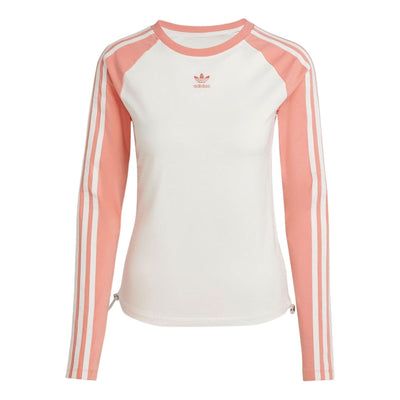 (WMNS) adidas originals Slim Fit Long Sleeve Tee 'White Pink' IY0781 White Athleisure T-shirt For Spring, Casual T-shirt With Three Stripes Branding For Spring, Sportswear Top With Three Stripes And Relaxed Fit, Three Stripes Relaxed Fit Sportswear Top, Relaxed Fit Sportswear Top With Three Stripes, White Long Sleeve T-shirt Athleisure Style, White Long Sleeve Athleisure T-shirt, White Casual Tops With Side Stripes, Cotton Sportswear Tops With Three Stripes Branding