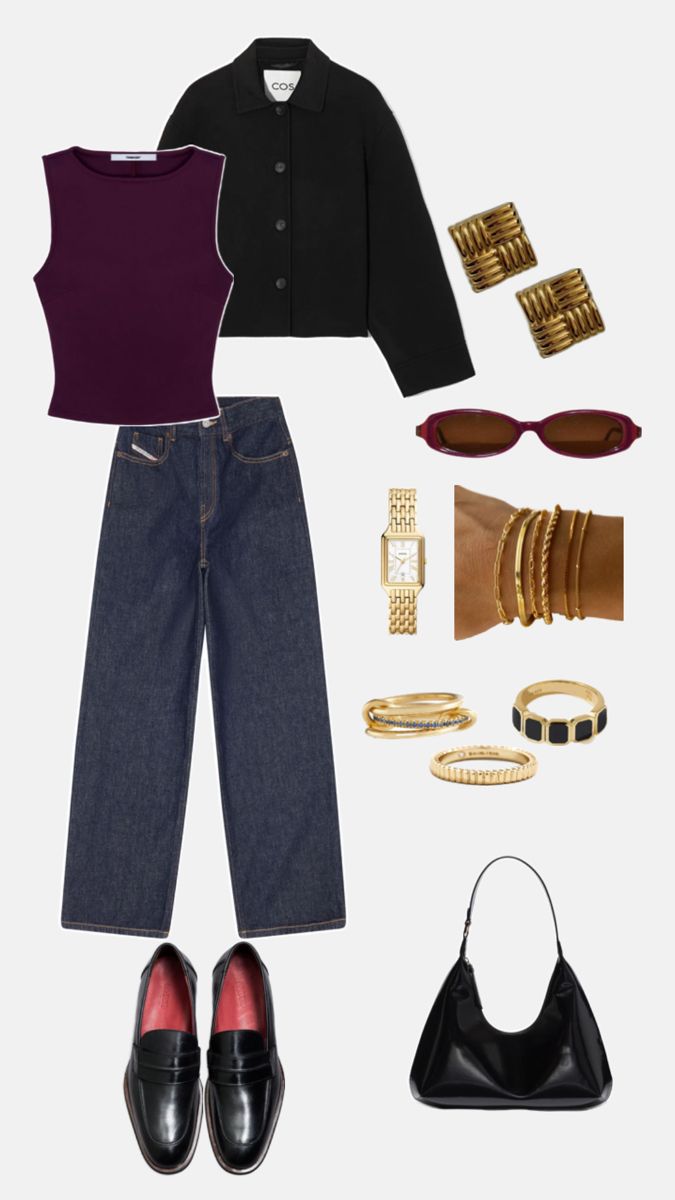 a woman's outfit and accessories including shoes, bracelets, belt, purse