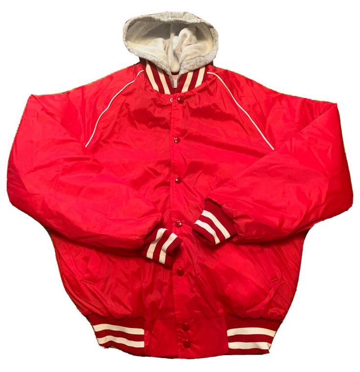 VTG CELEBRITY STARS RED PUFFER WINDBREAKER HOODIE JACKET MENS S STRIPED VARSITY. ITEM IS IN EXCELLENT VTG PRE-OWNED CONDITION NO MARKS NO TEARS NO STAINS 100% AUTHENTIC CELEBRITY STARS MERCHANDISE FEATURES INSIDE FULL ZIP HOODIE GRAY FEATURES BUTTON CLOSURE W/STRIPED DESIGN ON SLEEVES BOTTOM & NECKLINE COLOR - RED SIZE - SMALL LENGTH - 25.5in ACROSS PIT-PIT - 22.5in SLEEVE LENGTH - 21.5in MATERIAL - SHELL & LINING 100% NYLON FILLER - POLYESTER HOOD - 100% ACRYLIC KNIT - 100% NYLON YARN MADE IN U Varsity Red Track Jacket For Streetwear, Sporty Red Varsity Jacket For Streetwear, Sports Season Outerwear With Drawstring Hood, Sports Season Hoodie For Sports Events, Hooded Outerwear For Streetwear During Sports Season, Sports Outerwear With Drawstring Hood, Sports Hoodie For Sports Events, Drawstring Hooded Outerwear For Sports Events, Collegiate Windbreaker For Winter Streetwear