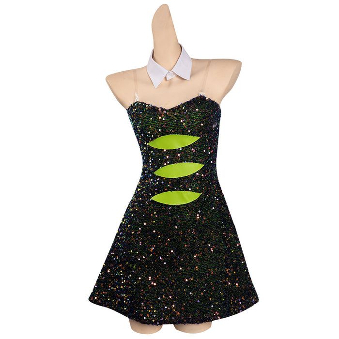 a mannequin wearing a black dress with green and yellow fish on it's chest