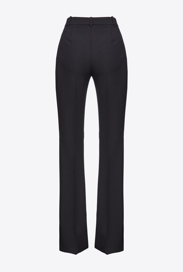 Elegant high-waisted women's trousers in stretch crepe fabric. The leg is characterised by a close-fitting line down to the knee, which widens as it proceeds to the bottom, with French pockets at the hips and a central pleat at both front and back. Zip and covered hook fastening. Sleek Wide Leg Flare Pants For Evening, Sleek Flare Wide Leg Pants For Evening, Classic Flared Evening Pants, Fitted Flare Bottoms With Pressed Crease, Fitted Flare Pants With Pressed Crease, Classic Fitted Flare Dress Pants, Sleek Straight Pants For Evening, Sleek Bottoms With Pressed Crease For Evening, Sleek Evening Bottoms With Pressed Crease