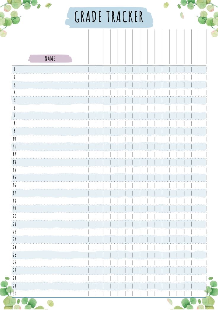 a printable grade tracker with green leaves