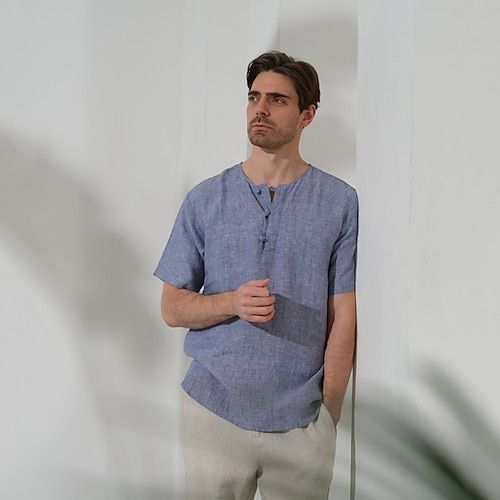 Season:Summer; Fabric:100% Linen; Sleeve Length:Short Sleeve; Look After Me:Washable,Wet and Dry Cleaning; Gender:Men's; Style:Basic,Casual,Comfort; Tops Type:Linen Shirt,Shirt; Occasion:Vacation,Daily,Outdoor; Pattern:Plain; Neckline:Crew Neck; Listing Date:12/19/2023; Bust:; Length:; Shoulder Width:; Sleeve: Casual Blue Linen Camp Shirt, Blue Linen Camp Shirt For Vacation, Light Blue Short Sleeve Shirt For Summer, Light Blue Short Sleeve Summer Shirt, Blue Linen Camp Shirt For Spring, Spring Blue Linen Camp Shirt, Light Blue Short Sleeve Camp Shirt For Summer, Blue Linen Short Sleeve Camp Shirt, Light Blue V-neck Summer Shirt