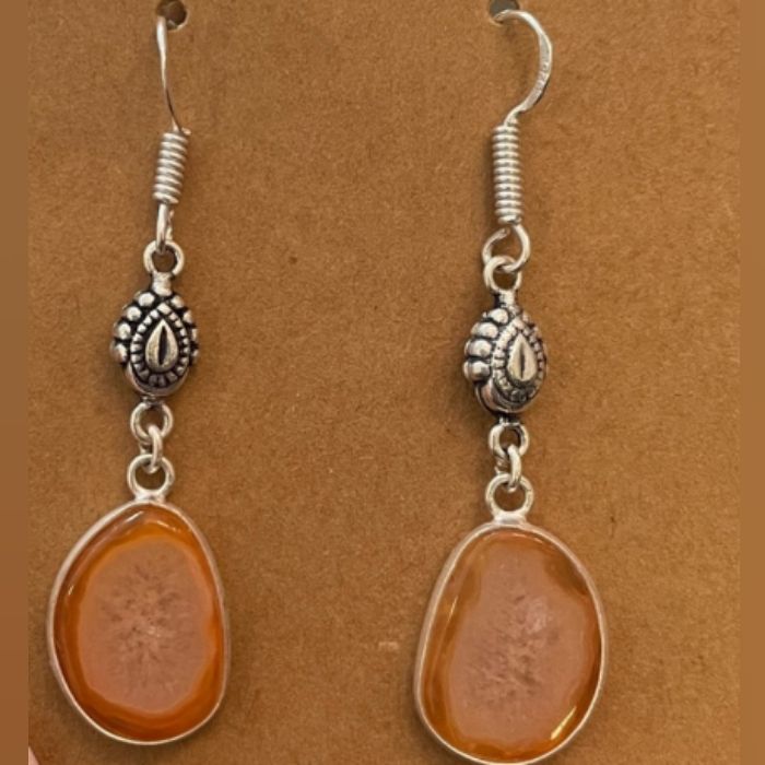 Orange Sliced Agate Gemstone Earrings With Hypoallergenic Sterling Silver Ear Wires. 2" Long, Lightweight All Jewelry Is New And Comes In Jewelry Pouch Or Gift Box. Bundle 4 Or More Items Receive Free Shipping. Other Listings, Chic, Boho, Classy, Glass, Beads, Sterling Silver, Stainless Steel, Tropical, Oceanic, Coastal, Traditional, Rainbow, Colors, Blue, Green, Red, Black, Silver, Orange, Pink, Purple, Yellow, Clear, Modern, Gothic, Natural, Stone, Crystal, Gemstone, Durable, Unique, Gift, Nat Nickel-free Carnelian Jewelry, Nickel Free Agate Dangle Earrings, Bohemian Silver Agate Earrings, Silver Agate Jewelry With Matching Earrings, Silver Bohemian Agate Earrings, Silver Dangle Teardrop Earrings With Natural Stones, Silver Teardrop Carnelian Jewelry, Silver Carnelian Teardrop Jewelry, Silver Carnelian Drop Earrings