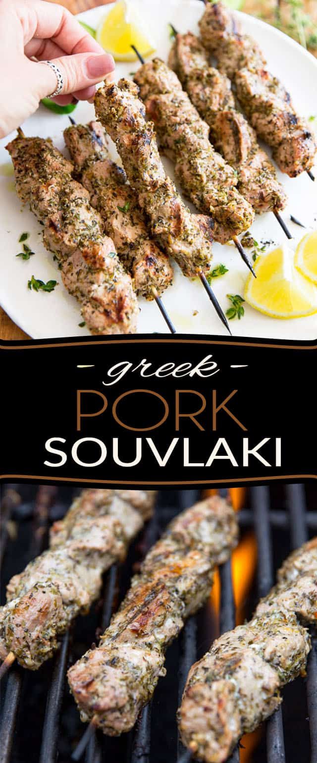 grilled pork souvlaki on the grill with lemon wedges