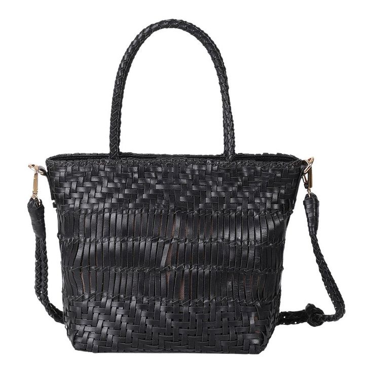 Small tote in black woven leather. Fully lined with magnetic snap closure and inside pockets. Detachable woven shoulder strap. Woven Leather Tote, Leather Industry, Black Image, Helly Hansen, Small Tote, Leather Tote Bag, Leather Working, New Style, Snap Closure