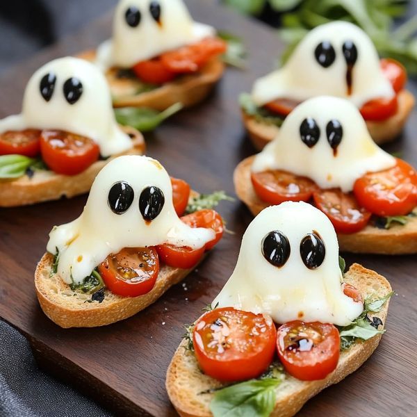 toasted bread topped with tomatoes, cheese and ghost faces