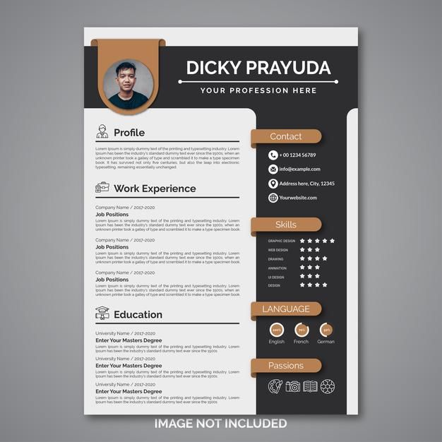 a clean and modern resume template with brown accents on the front, black and white background