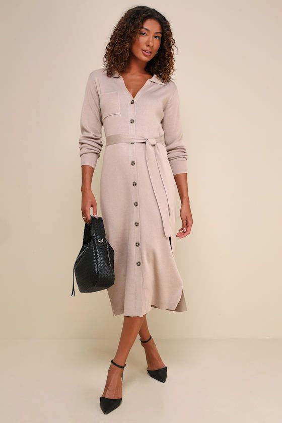 When it comes to autumn aesthetics we say the cozier the better, and that is why the Lulus Charming Comfort Beige Collared Button-Up Sweater Dress is an optimal fall 'fit! This chic sweater knit dress starts with a classy collared neckline and long sleeves. A functional button placket and a front patch pocket accent the figure-flaunting bodycon silhouette that falls to a midi hem with twin side slits. A matching tying sash cinches at the waist for a perfect, adjustable fit! Fit: This garment fit Fall V-neck Midi Dress With Button Closure, Winter Midi Dress With Button Closure, Fall Office Dresses With Buttons, Beige Buttoned Winter Dresses, Winter Office Dress With Button Closure, Casual Collared Midi Dress For Fall, Beige Button-up Dress For Winter, Casual Buttoned Shirt Dress For Winter, Chic Beige Shirt Dress For Fall