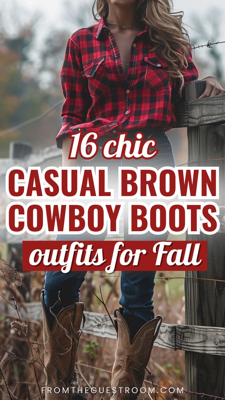 a woman wears casual brown cowboy boots outfits for fall. western outfits Rainy Day Skirt Outfit Fall, Cowboy Boots With Flannel Shirt, Ways To Style Cowgirl Boots, Wear With Cowboy Boots, Jean Dress With Boots Cowgirl, Cowgirl Outfits With Flannel, Cowboy Boots With Flare Jeans, How To Style Brown Cowgirl Boots, Flannel Shirt Cowboy Boots Outfit