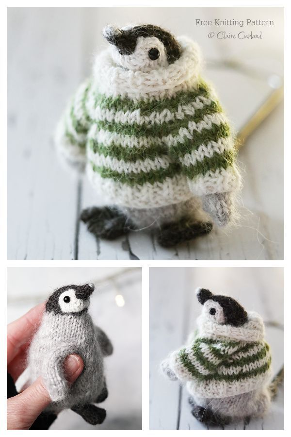 there is a small knitted penguin sitting on the table and another photo with it's eyes open