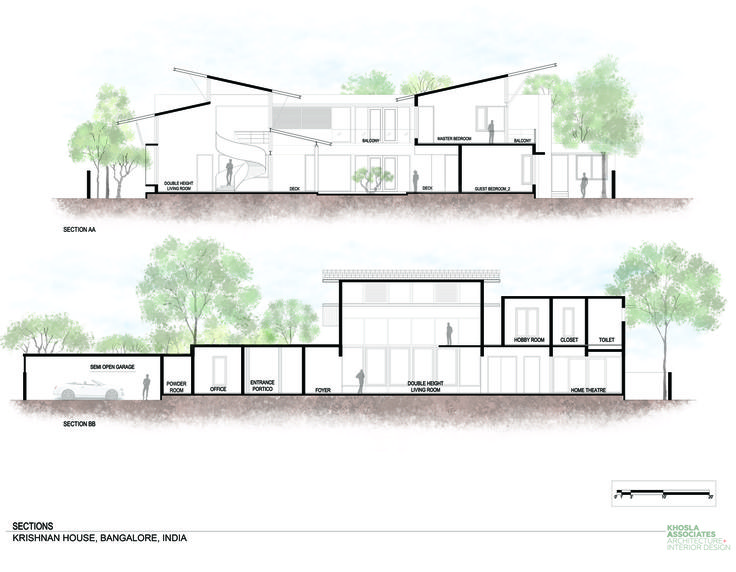 two drawings of houses with trees in the middle and one on the other side,