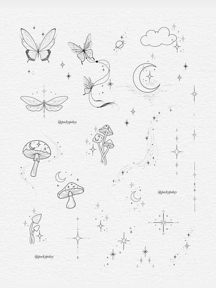 an image of some drawings on paper with stars and butterflies in the sky above them